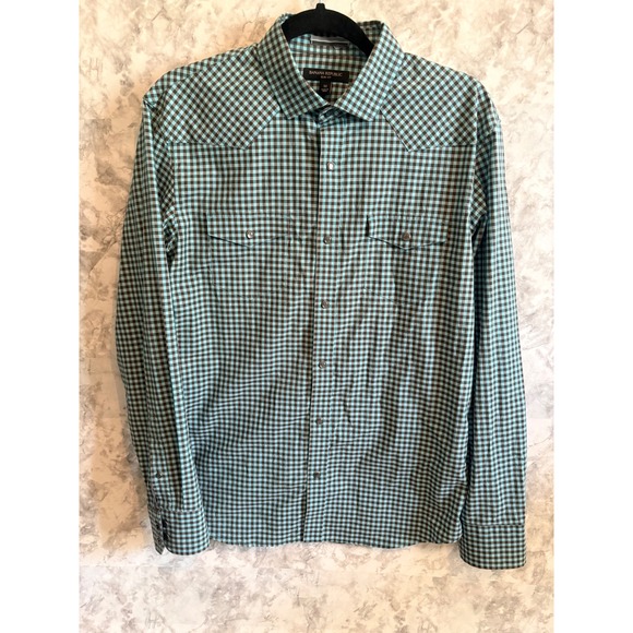 Banana Republic Other - Banana‎ Republic Slim Fit Western Gingham Check Shirt Blue Brown Snap Front M
